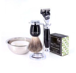 Edwin Jagger 58 Series 3pc Imitation Ebony & Chrome Fusion Set (Aloe Vera Refill & Bowl)