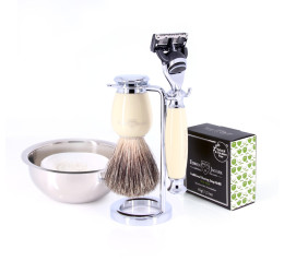 Edwin Jagger 58 Series 3pc Imitation Ivory & Chrome Fusion Set (Aloe Vera Refill & Bowl)