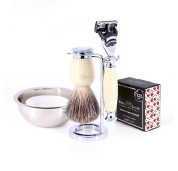 Edwin Jagger 58 Series 3pc Imitation Ivory & Chrome Fusion Set (Sandalwood Refill & Bowl)