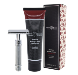Edwin Jagger DES89KN Short Knurled Chrome DE Razor with Sandalwood Shaving Cream 75ml