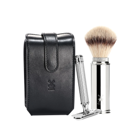 Muhle Black Leather Case with Silvertip Fibre Shaving Brush & Razor