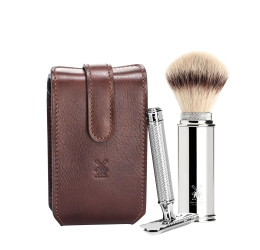 Muhle Brown Leather Case with Silvertip Fibre Shaving Brush & Razor