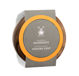 Muhle Sea Buckthorn Shaving Soap in a Wooden Bowl