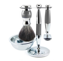 Edwin Jagger Grey & Chrome 4 Piece DE Set (Black Synthetic)