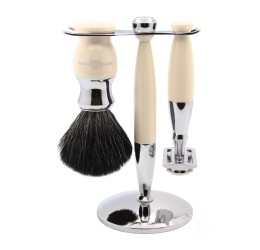 Edwin Jagger 37 Range 3pc DE Safety Razor Shaving Set Imitation Ivory (Black Synthetic)