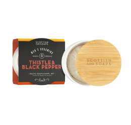 Scottish Fine Soaps Thistle & Black Pepper Shaving Soap in Bowl with packaging