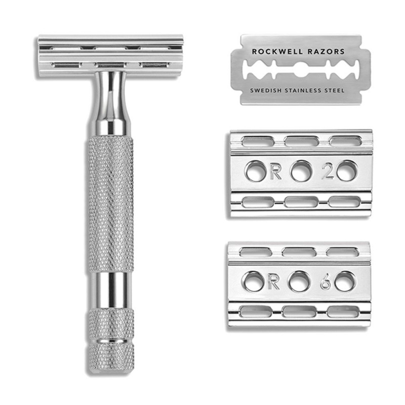 6 Guard Razor Rockwell 6C Double-Edge Safety Razor in a White Chrome Finish.