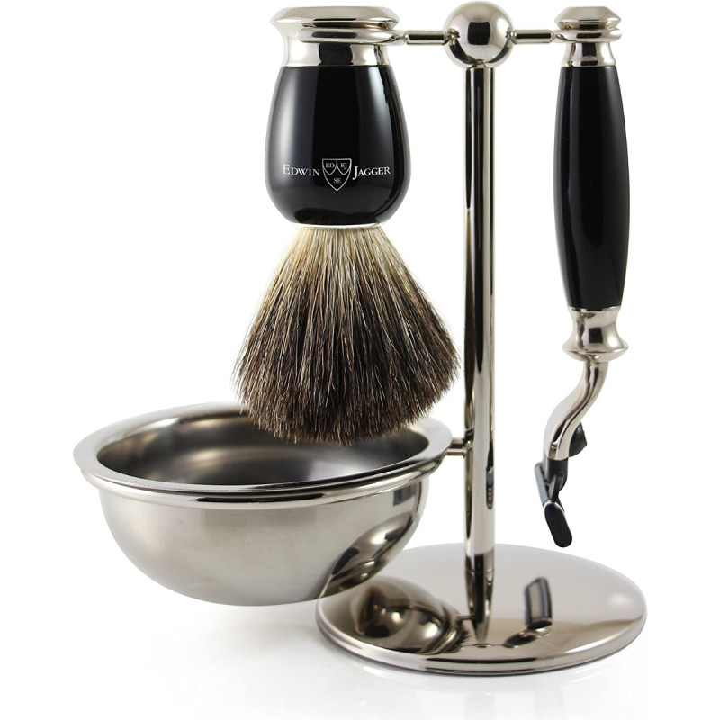 Edwin Jagger 58 Series 4pc Imitation Ebony & Nickel Mach3 Set (Pure Badger)